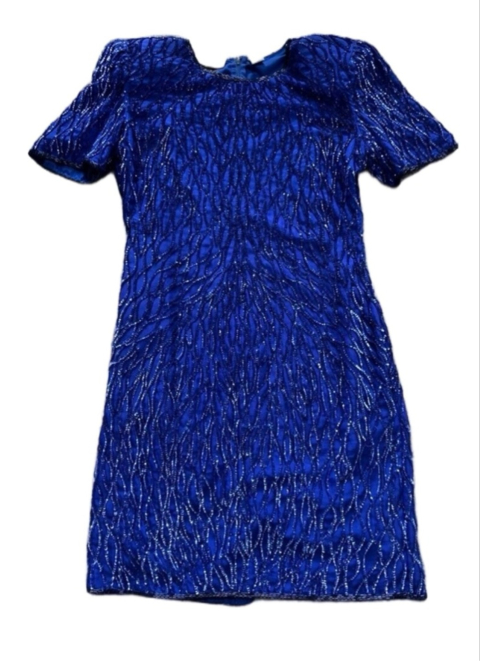 Laurence Kazar 100% Silk Beaded Mini Dress Blue Print Short Sleeve VTG Cocktail